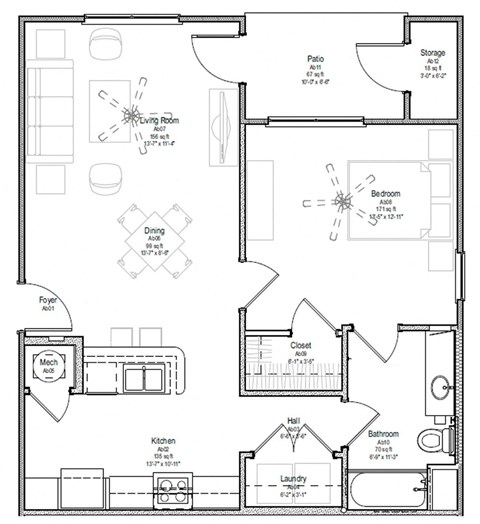 Floor plan for 1 bed, 1 bath, 752 sqft
